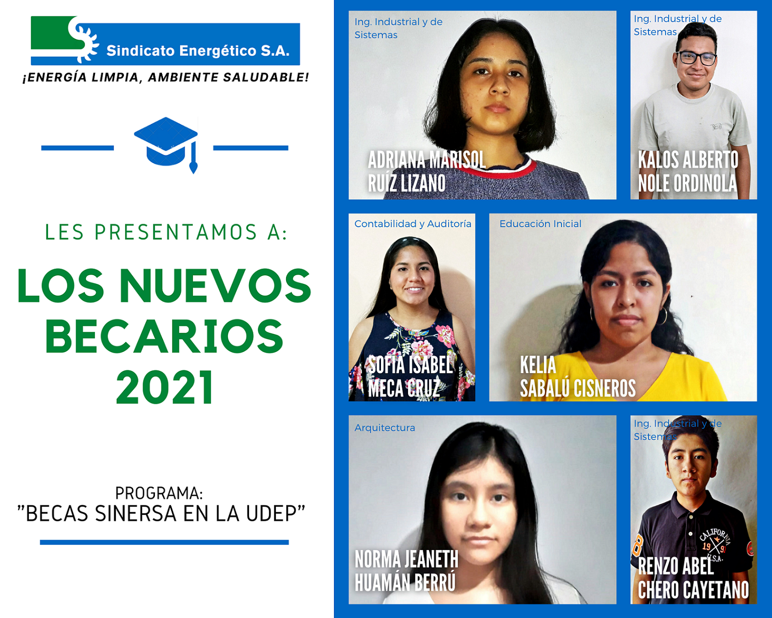 SINERSA SCHOLARSHIPS: Six young people access the “Sinersa Scholarships at UDEP – 2021”
